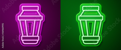 Glowing neon line Garden light lamp icon isolated on purple and green background. Solar powered lamp. Lantern. Street lamp. Vector Illustration.