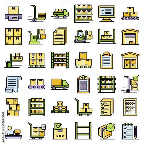 Inventory icons set. Outline set of inventory vector icons thin line color flat on white