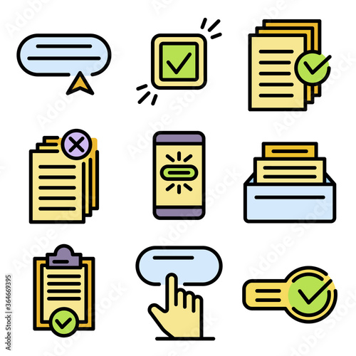 Request icons set. Outline set of request vector icons thin line color flat on white