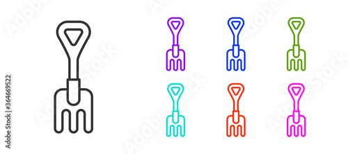 Black line Garden rake icon isolated on white background. Tool for horticulture, agriculture, farming. Ground cultivator. Set icons colorful. Vector Illustration.