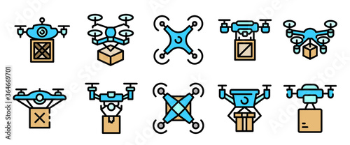 Drone delivery service icons set. Outline set of drone delivery service vector icons thin line color flat on white