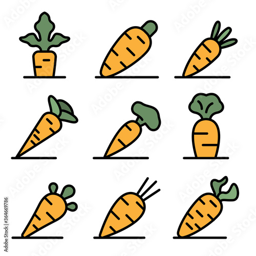 Carrot icons set. Outline set of carrot vector icons thin line color flat on white