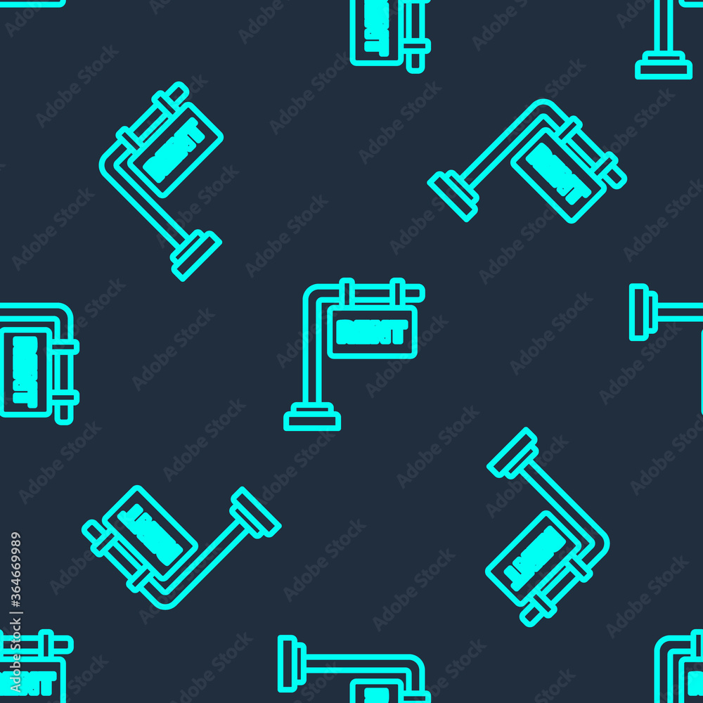 Green line Hanging sign with text Rent icon isolated seamless pattern on blue background. Signboard with text For Rent. Vector Illustration. Green line Hanging sign with text Rent icon isolated seamless pattern on blue background. Signboard with text For Rent. Vector Illustration.