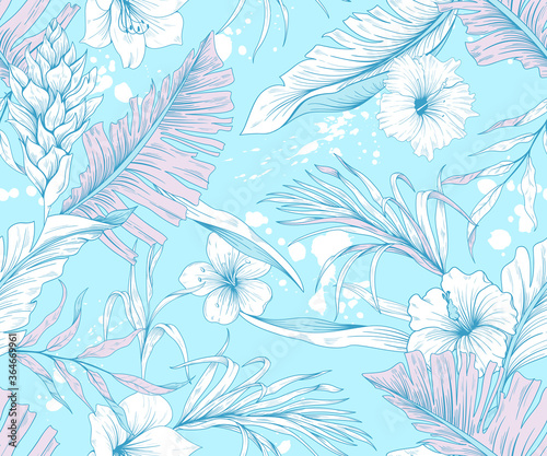 Tropical flowers and leaves. Seamless pattern