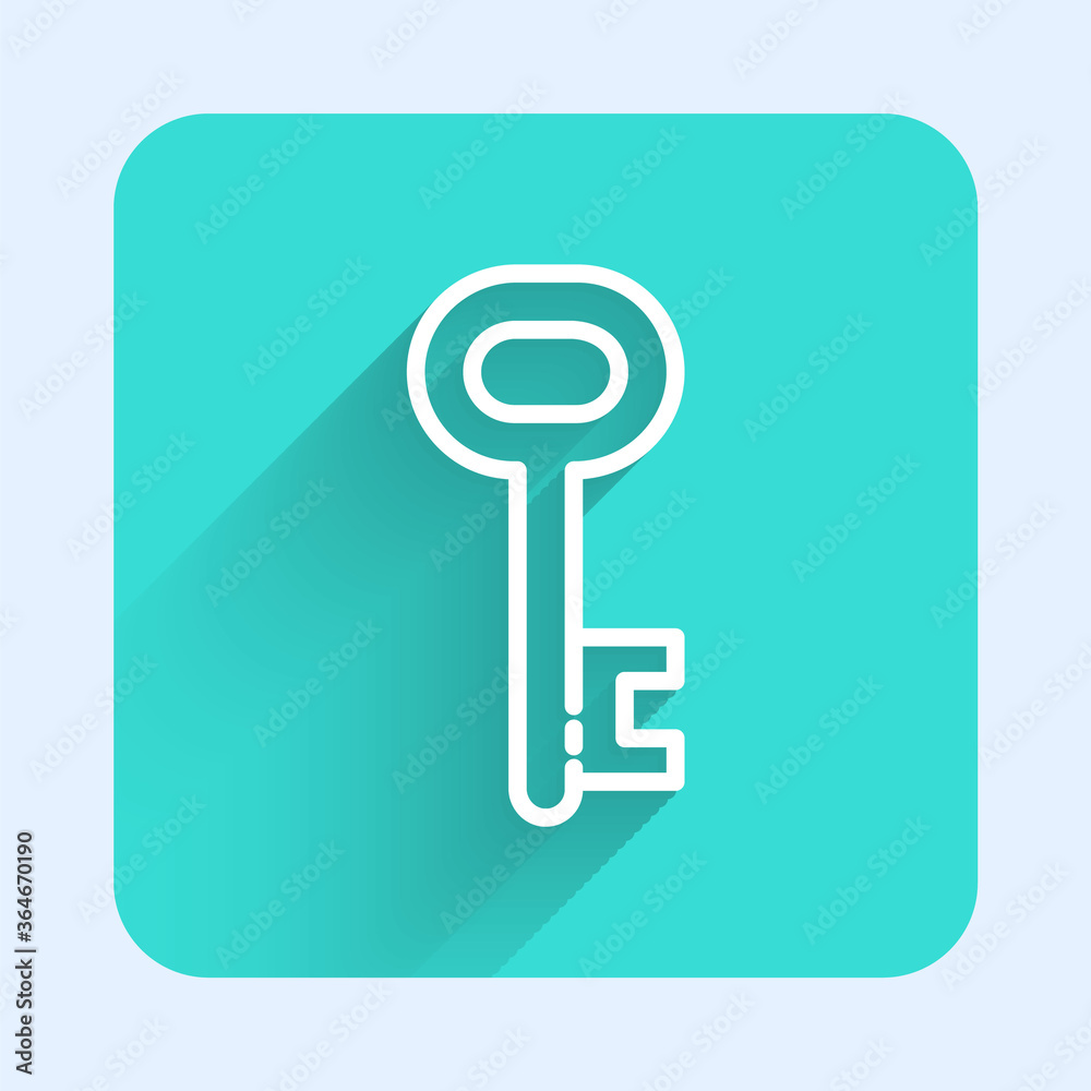 White line House key icon isolated with long shadow. Green square button. Vector Illustration. White line House key icon isolated with long shadow. Green square button. Vector Illustration.