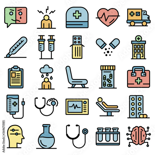 Mental hospital icons set. Outline set of mental hospital vector icons thin line color flat on white