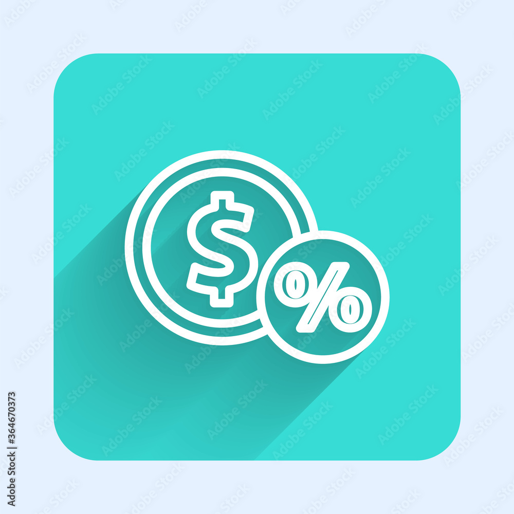 White line Money coin with percent icon isolated with long shadow. Cash Banking currency sign. Green square button. Vector Illustration. White line Money coin with percent icon isolated with long shadow. Cash Banking currency sign. Green square button. Vector Illustration.