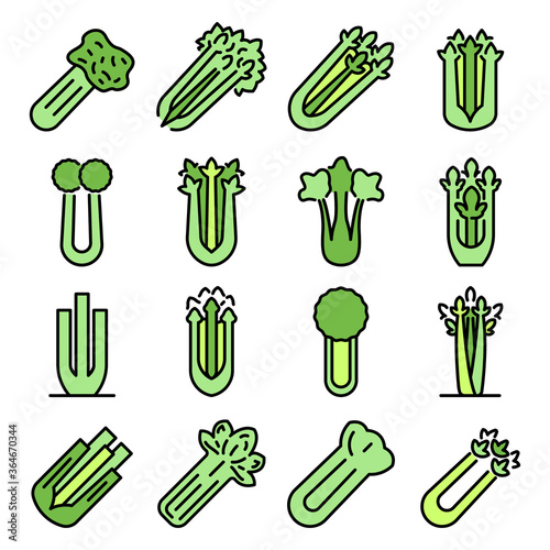 Celery icons set. Outline set of celery vector icons thin line color flat on white