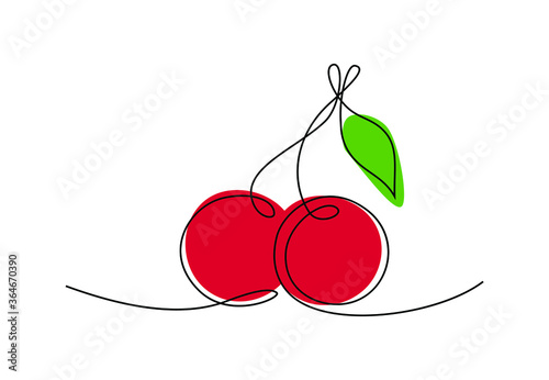 Cherry fruits in continious one line art drawing style for logo isolated on white background. Minimalistic wall art, colorful poster. Vector illustration