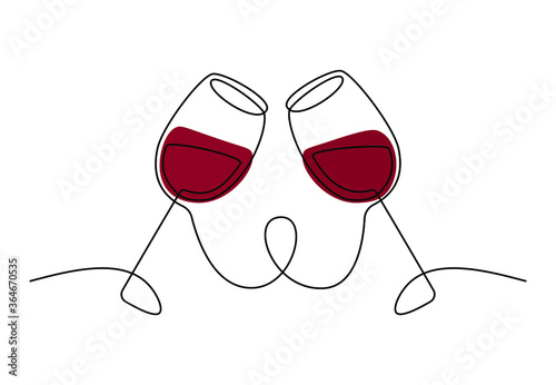 Continuous single line drawing of two glasses of red wine. Minimalist line art of cheering glasses of wine with red spots for logo. Vector illustration