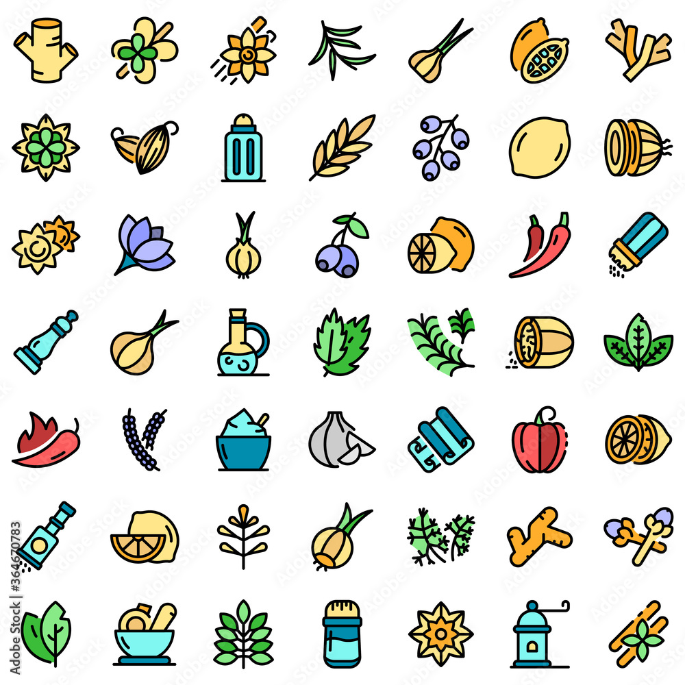 Obraz premium Condiment icons set. Outline set of condiment vector icons thin line color flat on white
