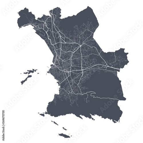 Marseille map. Detailed map of Marseille city poster with streets. Dark vector.