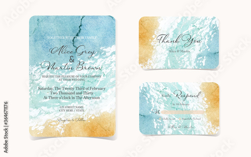 set of wedding invitation card with abstract beach background