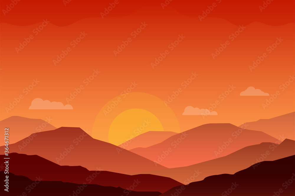 Beautiful sunset at mountain scene vector with orange color suitable for background or illustration 