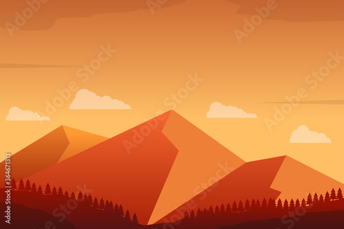 Mountain landscape scene at sunset time vector with orange color suitable for illustration or background 