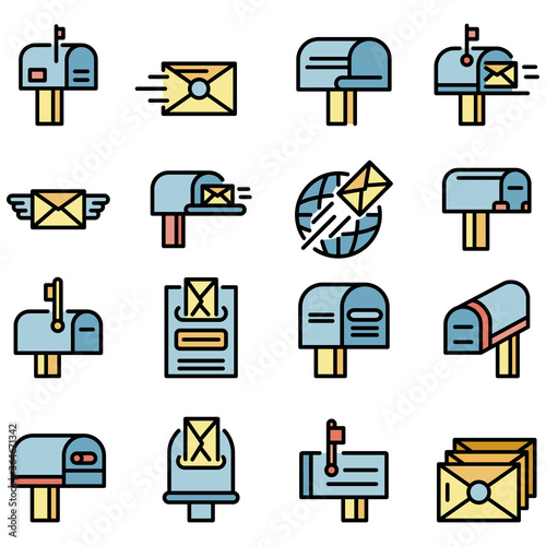 Mailbox icons set. Outline set of mailbox vector icons thin line color flat on white