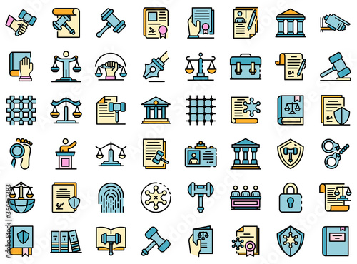 Justice icons set. Outline set of justice vector icons thin line color flat on white