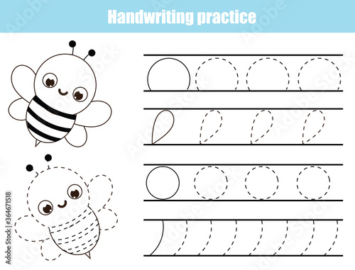 Handwriting practice sheet with funny bee. Educational children game. Tracing lines. early education worksheet for kids