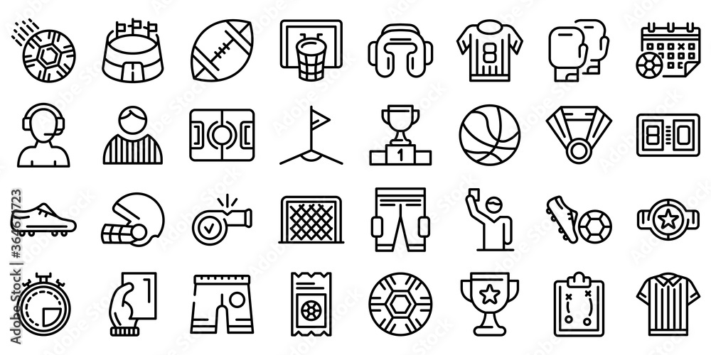 Referee icons set. Outline set of referee vector icons for web design isolated on white background