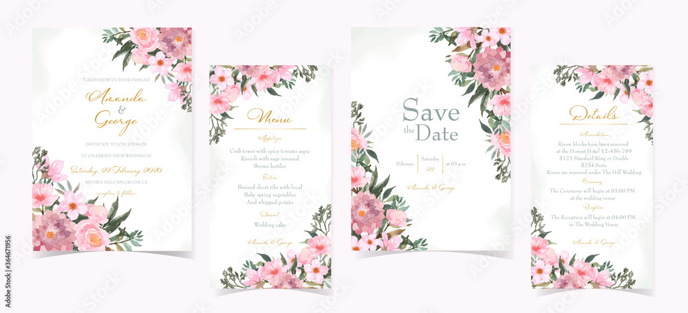 set of wedding invitation card with beautiful red flowers