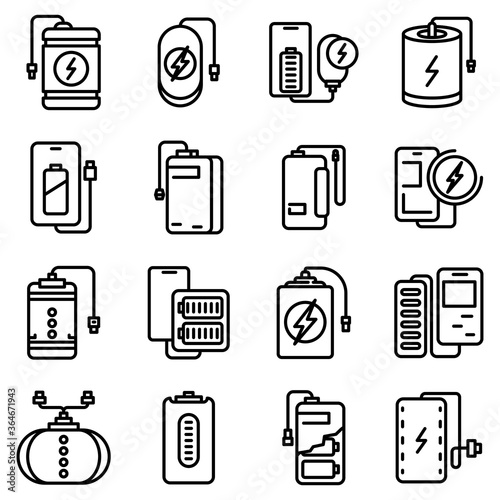 Power bank icons set. Outline set of power bank vector icons for web design isolated on white background
