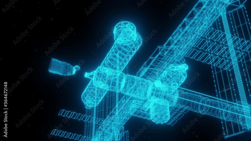 3D Render animation of schematic wireframe of the ISS. Wireframe Hologram of Space Station rotating. 3D Render animation of schematic wireframe of the ISS. Wireframe Hologram of Space Station rotating.