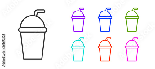 Black line Paper glass with drinking straw and water icon isolated on white background. Soda drink glass. Fresh cold beverage symbol. Set icons colorful. Vector Illustration.
