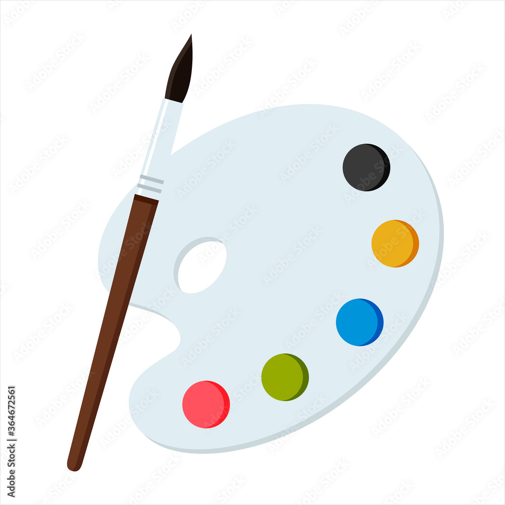 Palette with paints and brush isolated on a white background. Flat. Vector illustration