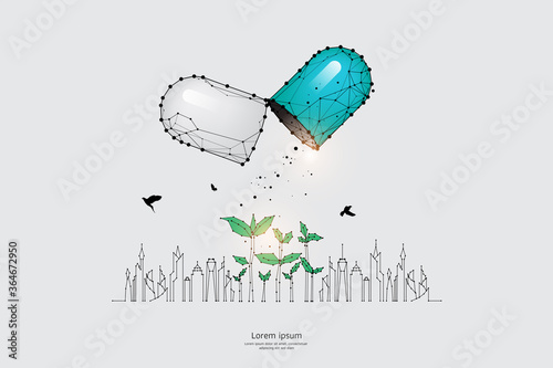 The particles, geometric art, line, and dots of city and plant