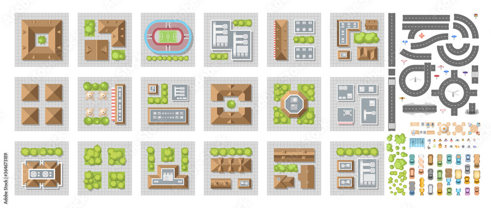 Plakat Wektor zestaw elementów krajobrazu miasta. Dzielnice miasta. Widok z góry. Domy, budynki, drogi, samochody. (Widok z góry)