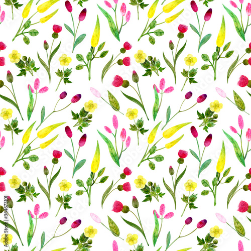 Seamless pattern of wild wildflowers with yellow and pink flowers