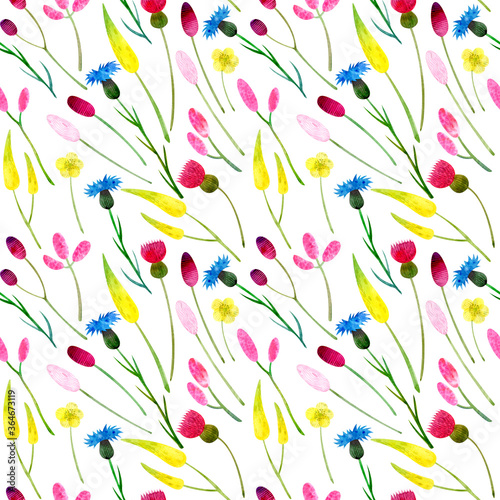 Seamless pattern of wild wildflowers with yellow, blue and pink flowers