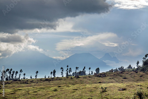 Three volcanoes seen from Rwanda in the border area with the Democratic Republic of Congo: mounts Karisimbi, Bisoke & Mikeno (from left to right). photo