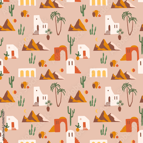 Seamless pattern with southern landscape. Mediterranean, North Africa