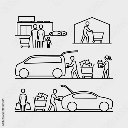 People shopping icons. Person loading goods into a car trunk