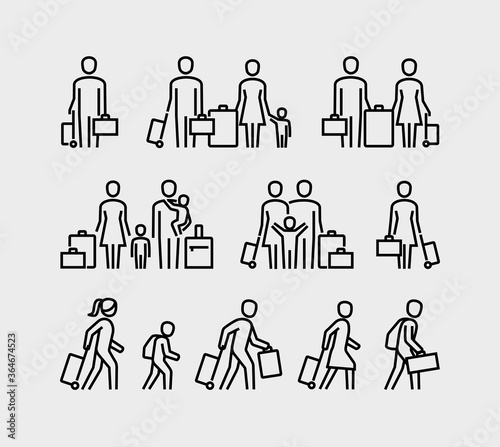 People travel icons. Family with children and suitcase luggage ready for traveling