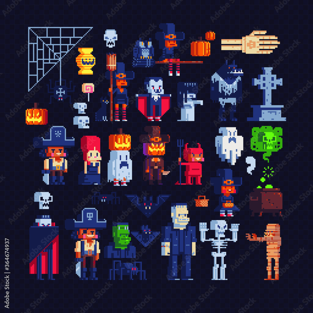 Halloween costume party characters icons set, greeting card or invitation  design elements pixel art style isolated vector illustration cartoon  children kids characters creatures, video game sprite. Stock Vector | Adobe  Stock