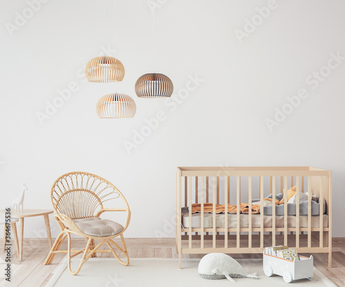 Interior of Scandinavian baby room with comfortable crib and rattan armchair in nursery decor, 3D render
