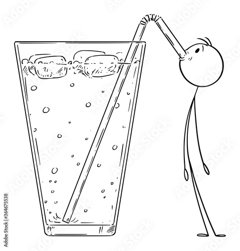 Vector cartoon stick figure drawing conceptual illustration of small man drinking cold lemonade, cocktail or drink with straw.