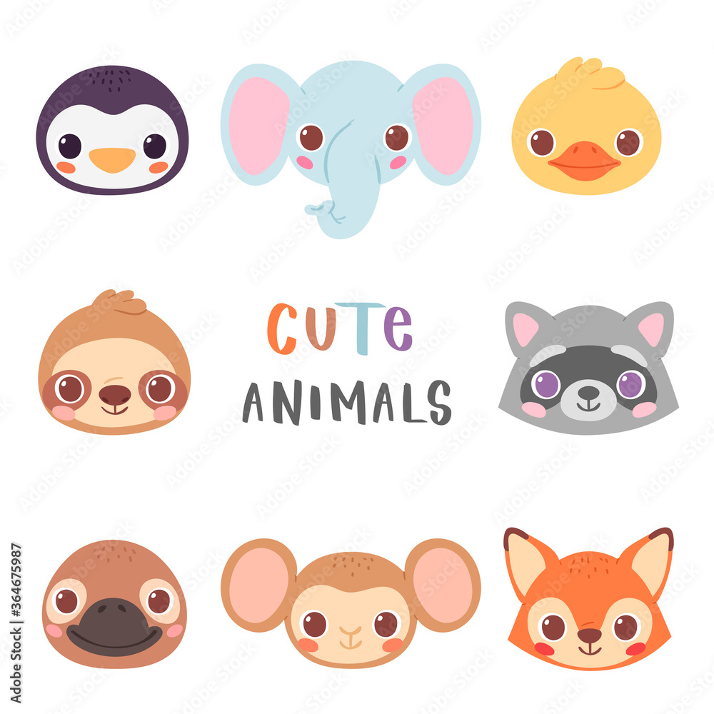 Set of pretty little animal avatars. Cute animal baby heads vector ...