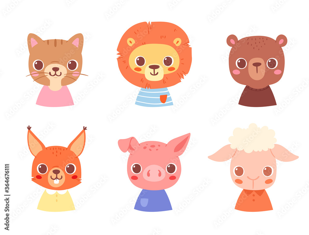 Set of pretty little animal avatars. Cute animal baby heads with shoulders vector illustration for baby card, poster and invitation. Cat, lion, bear, squirrel, pig, sheep