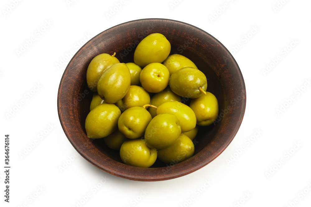 Olives in ceramic brown bowl isolated on white Olives in ceramic brown bowl isolated on white