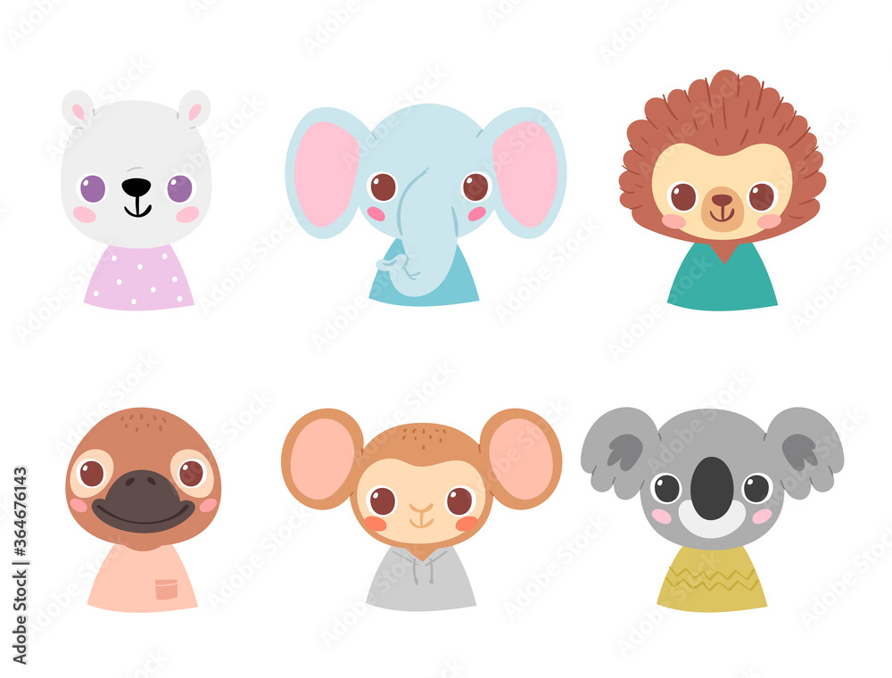 Set of pretty little animal avatars. Cute animal baby heads with ...