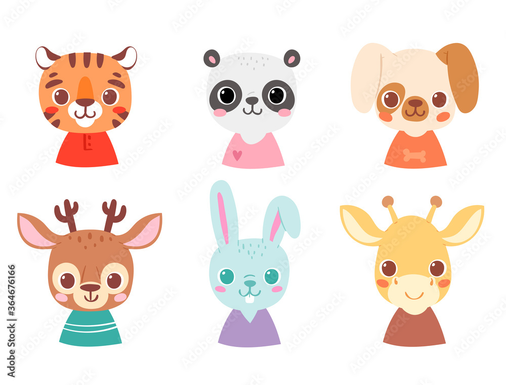Set of pretty little animal avatars. Cute animal baby heads with shoulders vector illustration for baby card, poster and invitation. Tiger, panda, dog, deer, bunny, giraffe