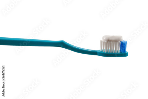 Blue toothbrush with toothpaste isolated on white background.