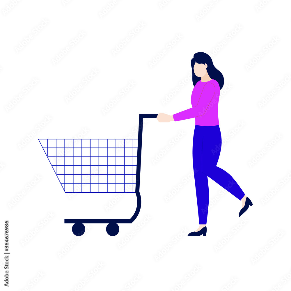 a woman shopping using a shopping basket flat design a woman shopping using a shopping basket flat design