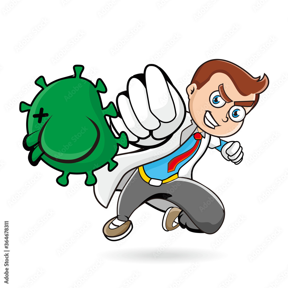Obraz premium Doctor punch virus. Cartoon character. Vector illustration.