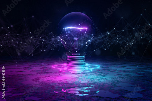 Lightbulb illuminating reflecting floor with blue and pink neon light 3D rendering