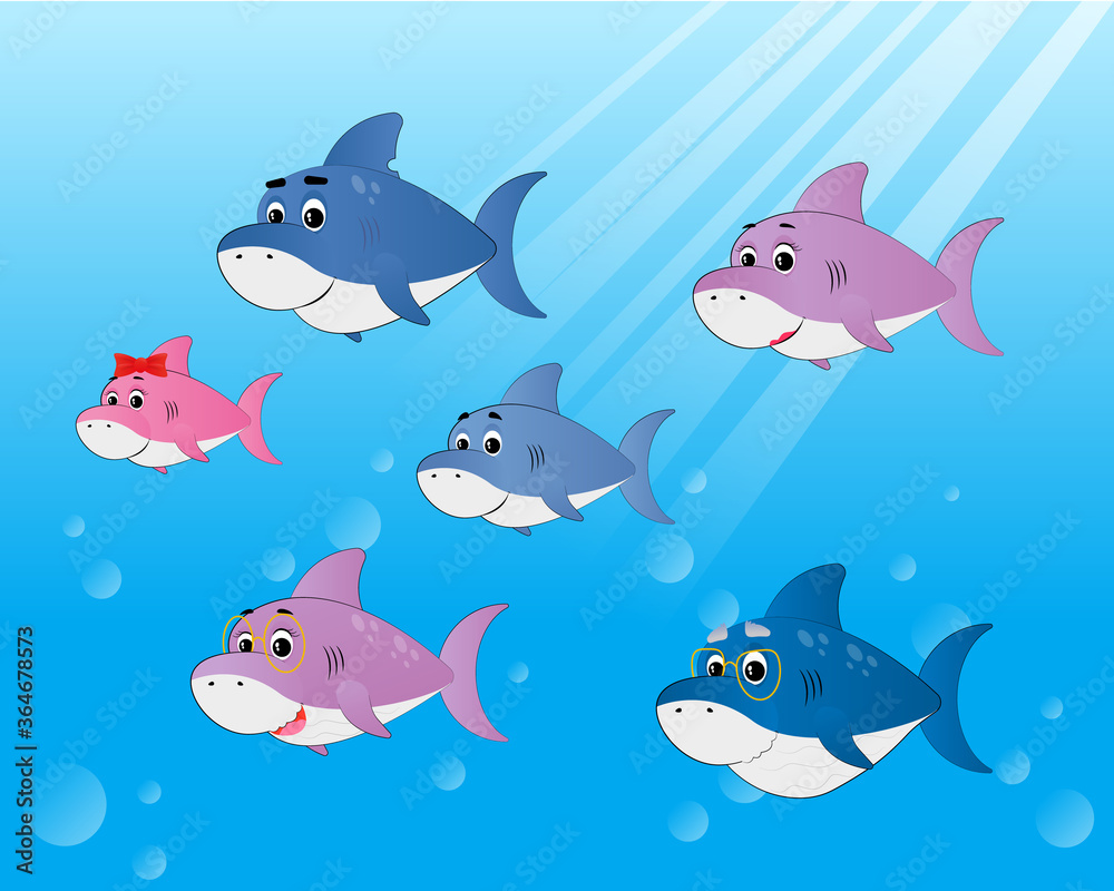 Set of family shark of colorful cartoon fish character