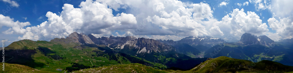 Italy, Trentino Dolomites, Ortisei, the valley of Odle, panoramic photo Italy, Trentino Dolomites, Ortisei, the valley of Odle, panoramic photo